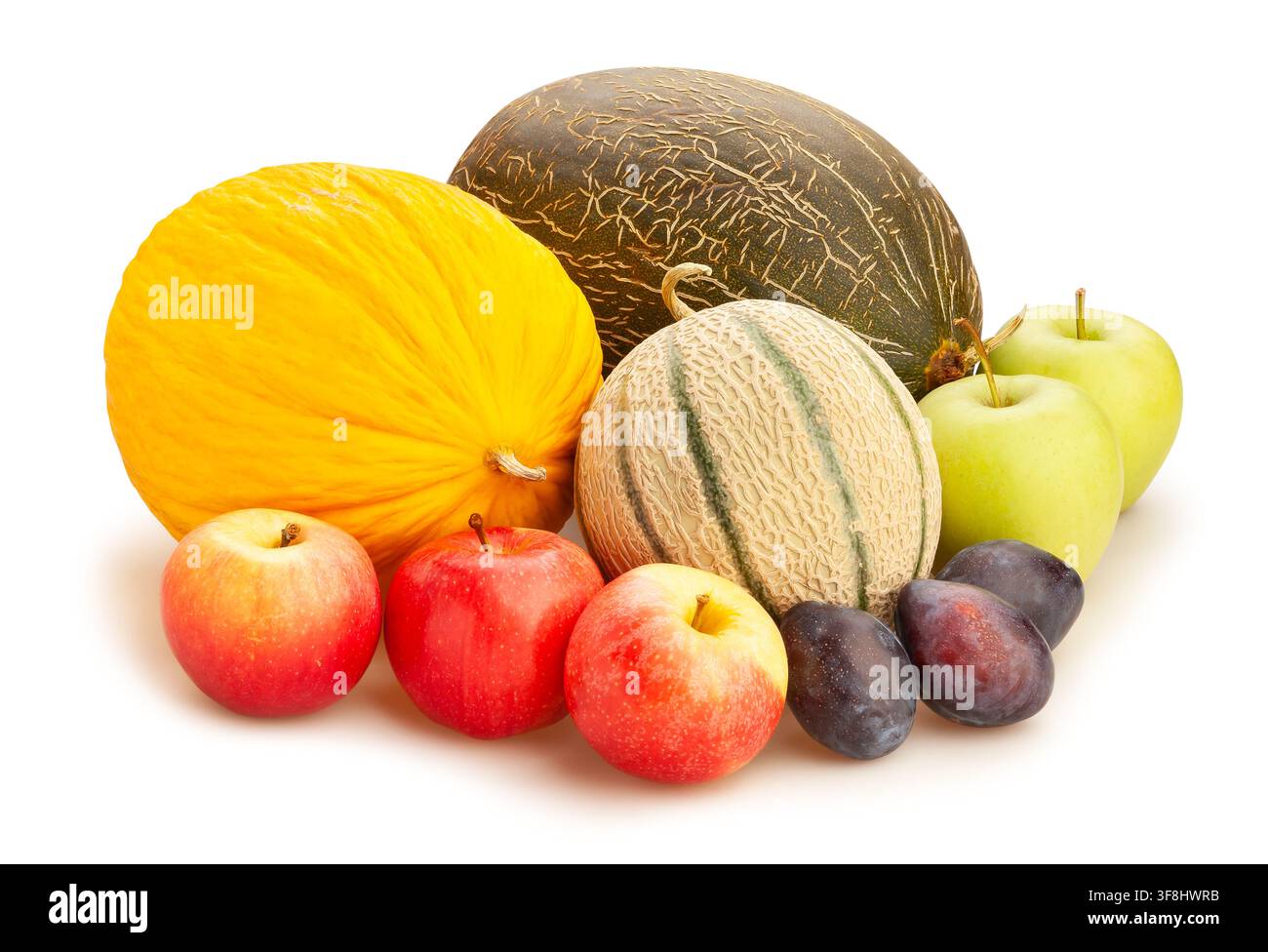 various melons fruit mix path isolated on white Stock Photo