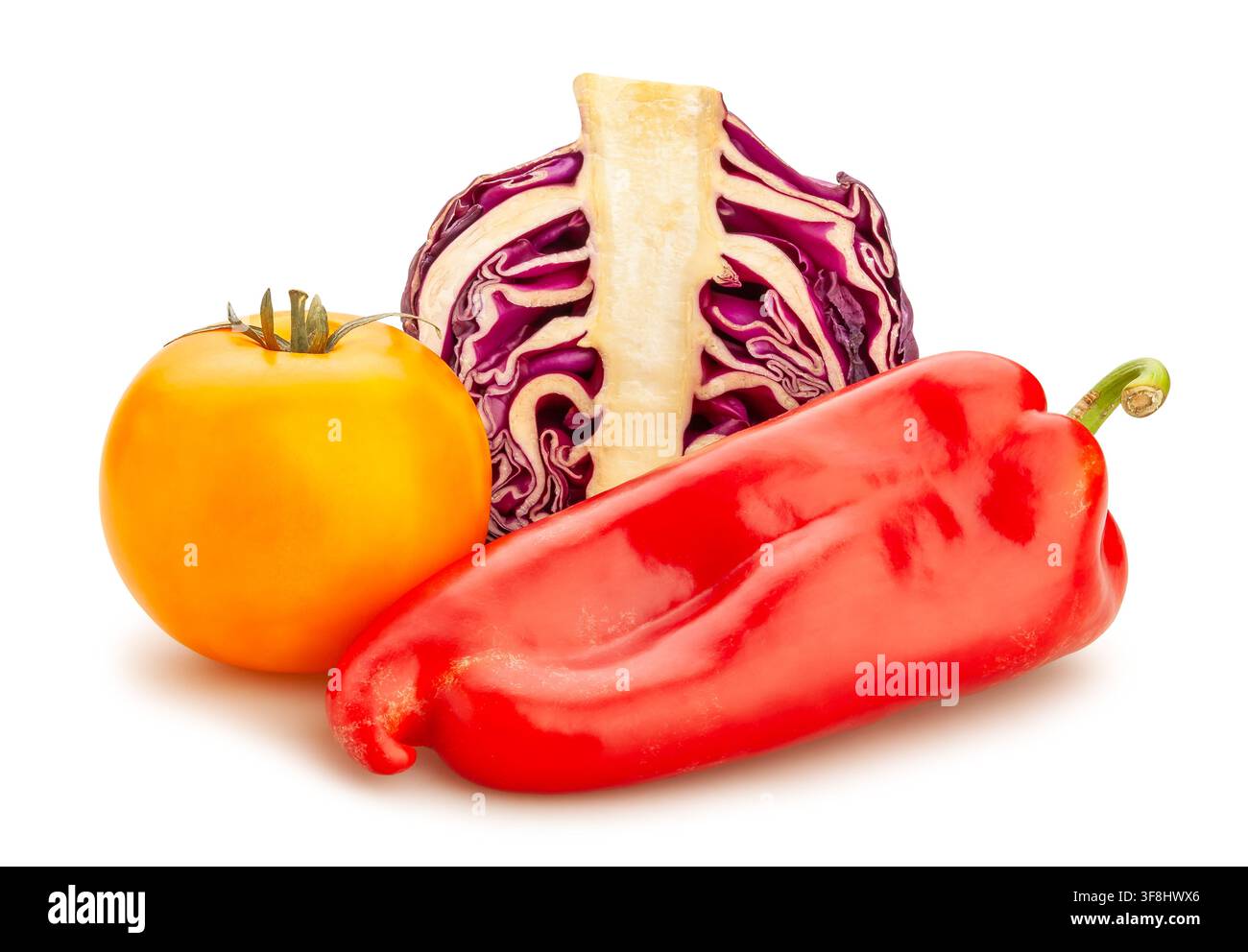 sliced red cabbage tomato pepper mix path isolated on white Stock Photo