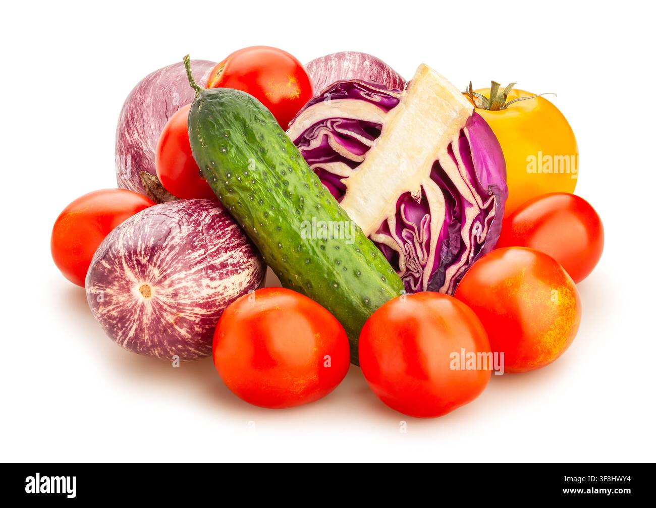 sliced red cabbage vegetable mix path isolated on white Stock Photo