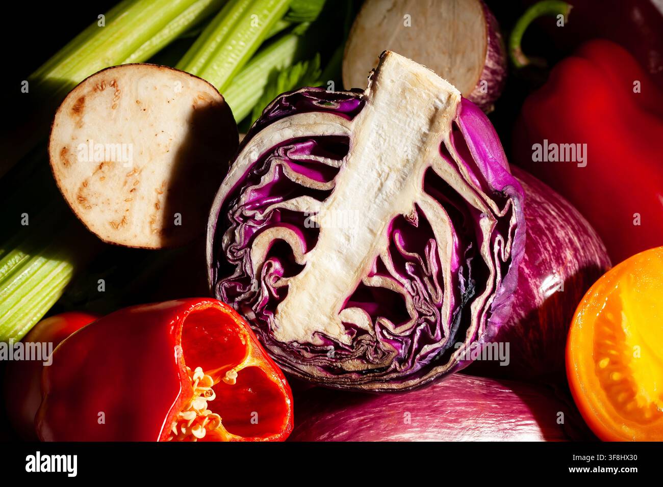 sliced red cabbage vegetable mix on black background Stock Photo