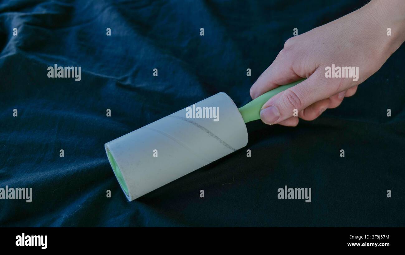 Lint Roller Held Over Textile Surface Stock Photo