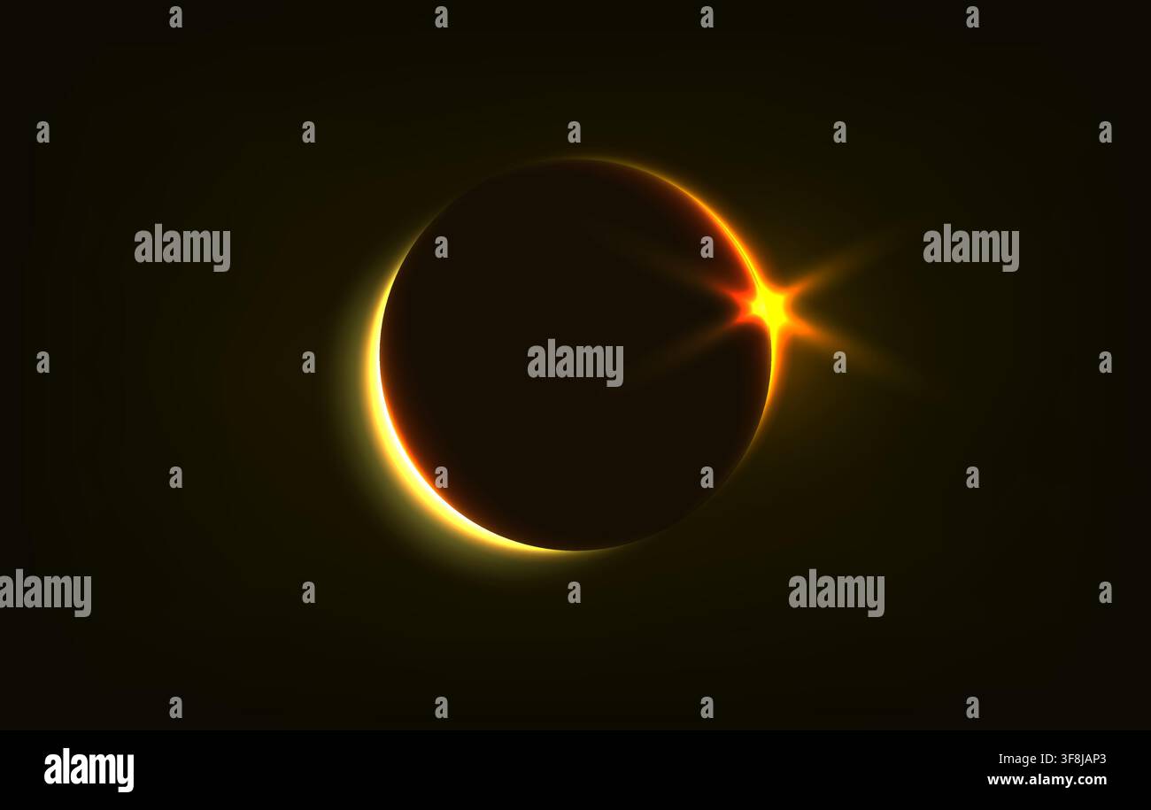 Sun Eclipse. Solar or moon eclipse with blur spark effect and lens flare. Black sky. Stock Vector
