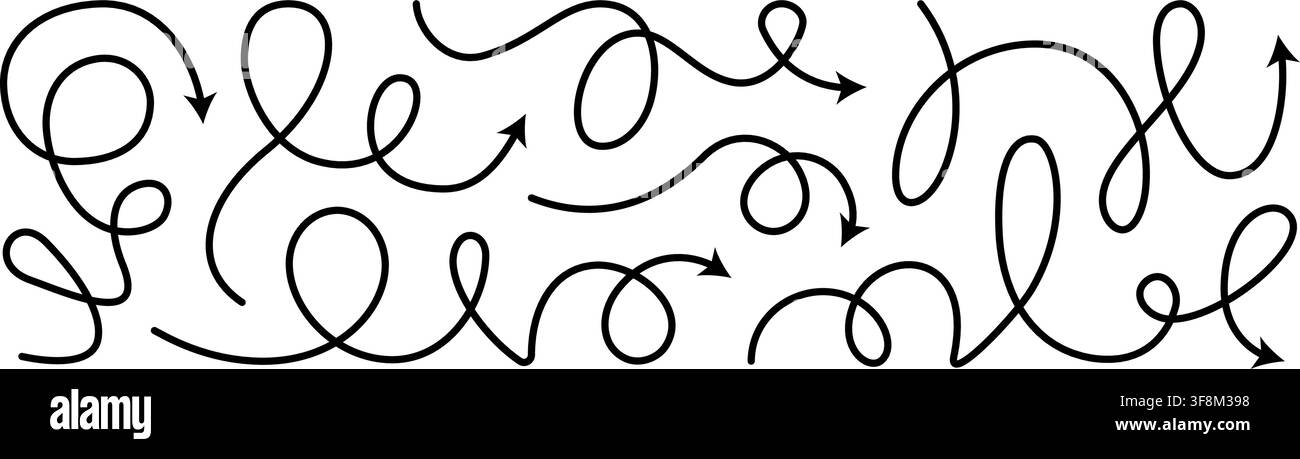 Arrow vector line set. Curved shape doodle brush element arow. Squiggly scribble direction up down abstract pointer. Change plan abstract stroke Stock Vector