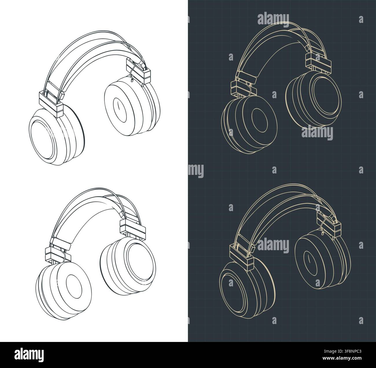 Over-ear wireless headphones isometric blueprints, stylized vector illustrations Stock Vector