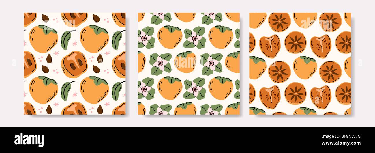 Orange Persimmon Seamless Pattern Collection with Blossoms Stock Vector