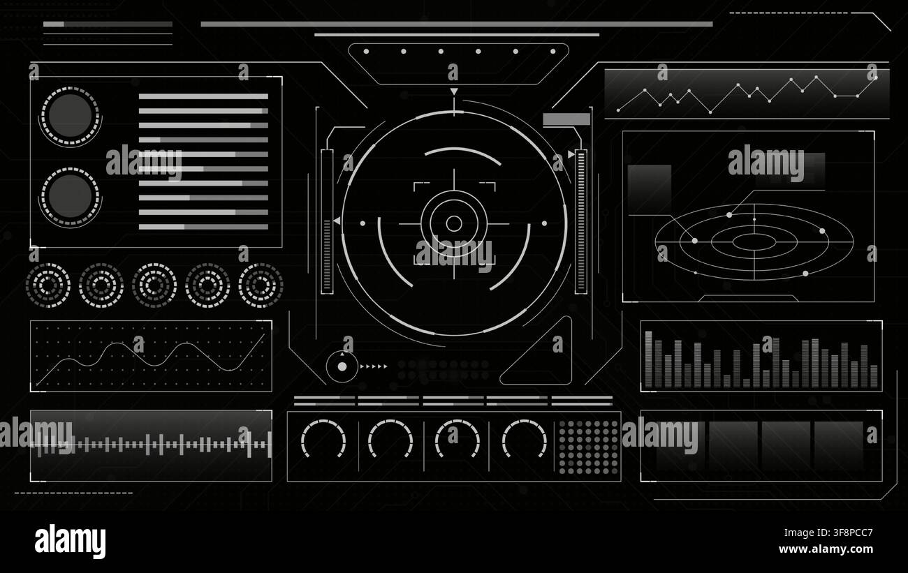 Realistic spaceship control dashboard UI with holographic tech frames, military targeting system, futuristic HUD interface elements on black background, vector illustration of game panel design Stock Vector