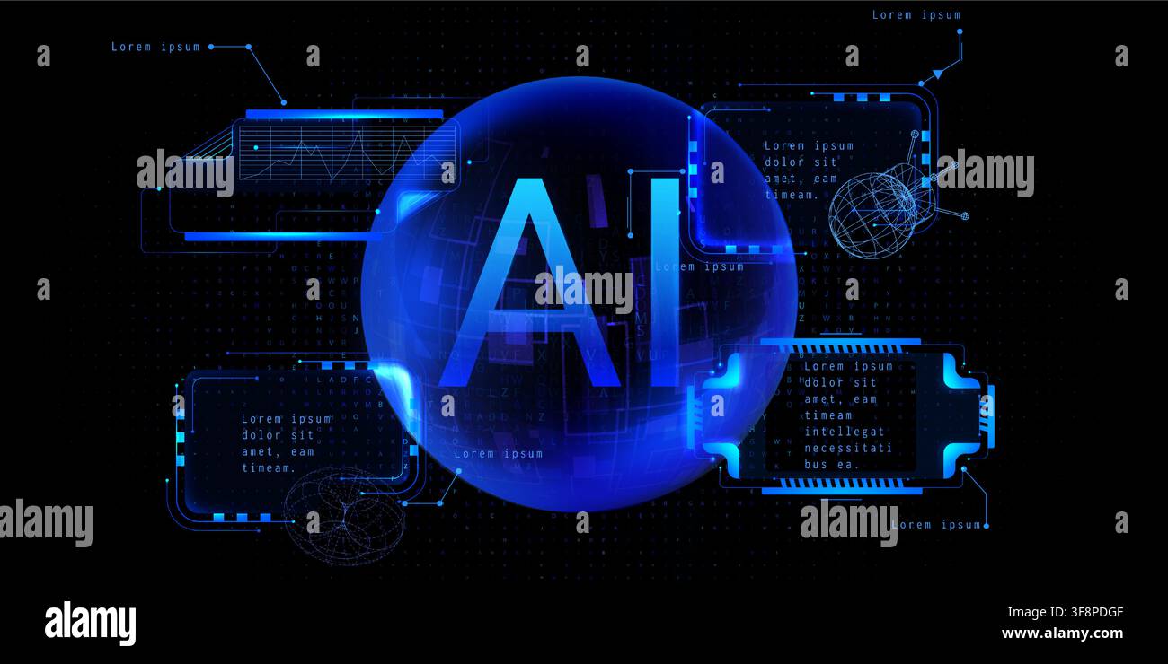 Futuristic ai technology background with neon blue hud tech frame, glowing sphere, digital letter pattern on black. Vector abstract illustration, cyberpunk space interface with global analysis design Stock Vector