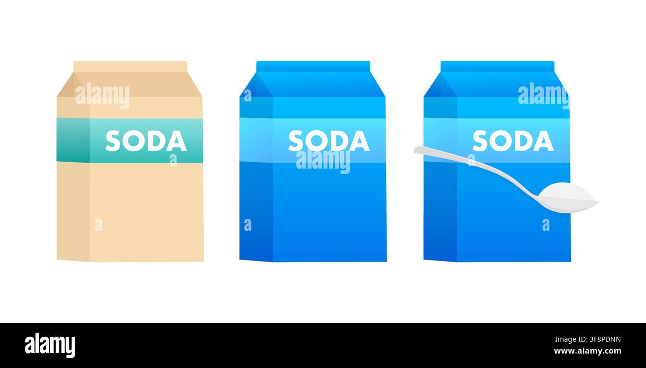 Baking soda packaging with spoon containing sodium bicarbonate Stock Vector