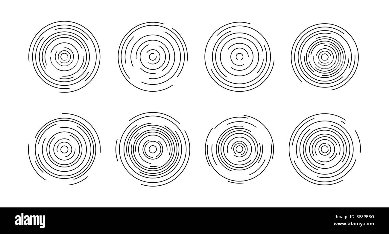 Concentric circle lines patterns collection on white background Stock Vector
