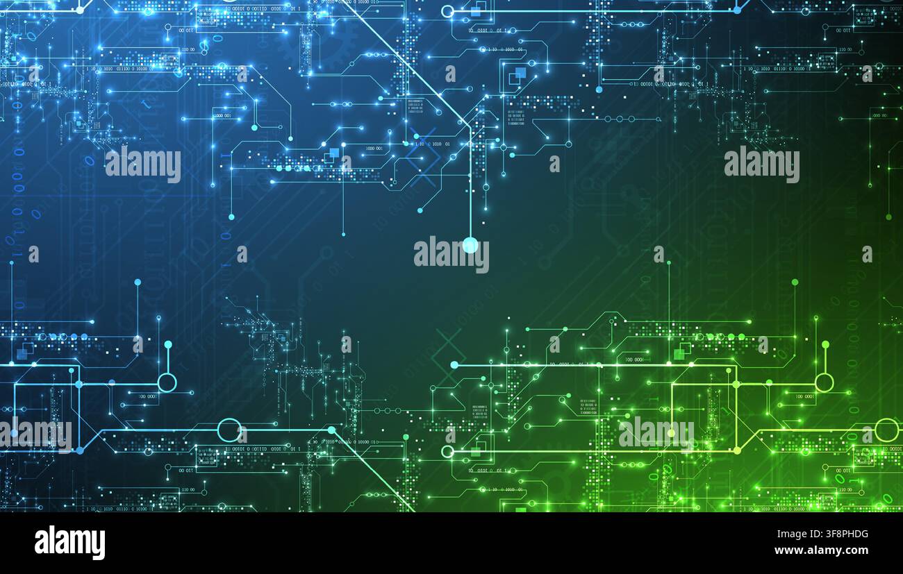 Abstract vector background of digital circuit board with glowing lines and binary code. Stock Vector