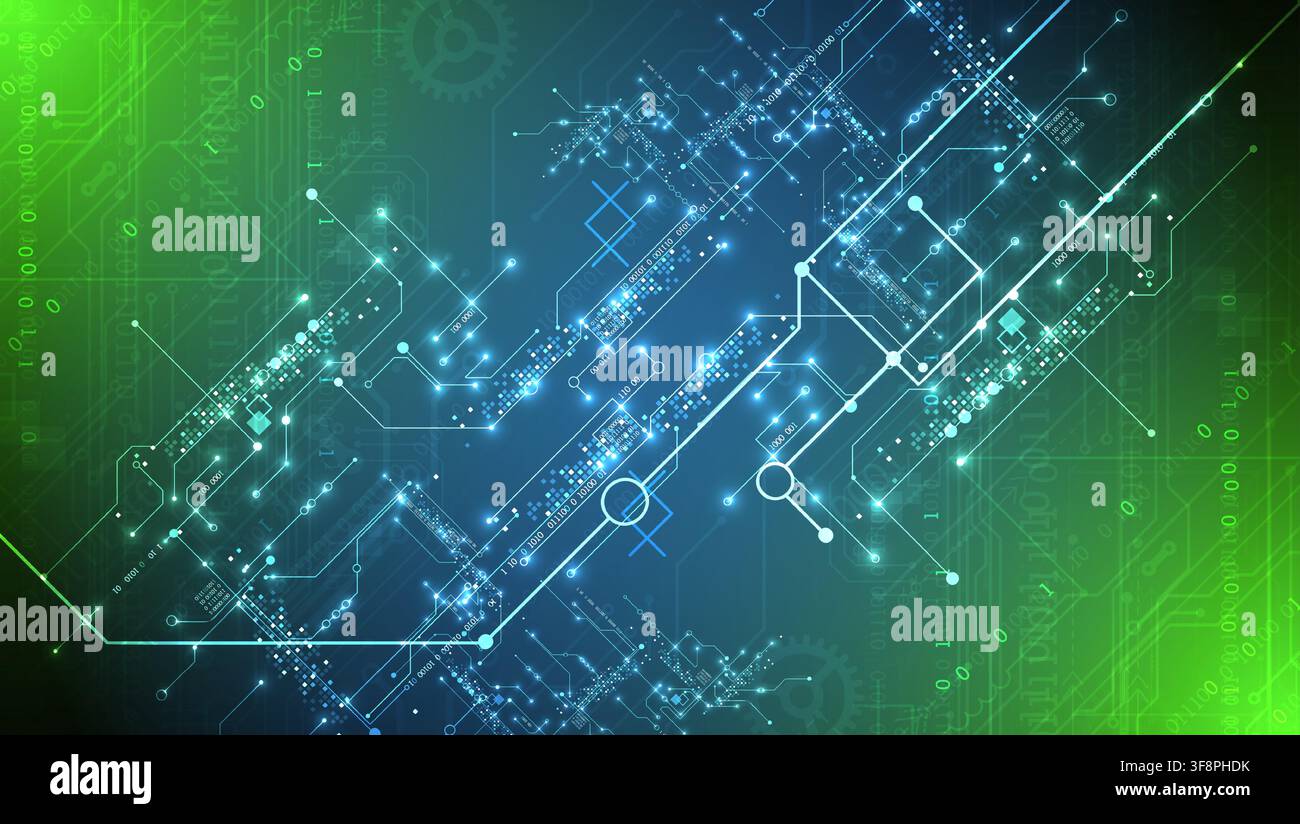 Abstract vector background of digital circuit board with glowing lines and binary code. Stock Vector