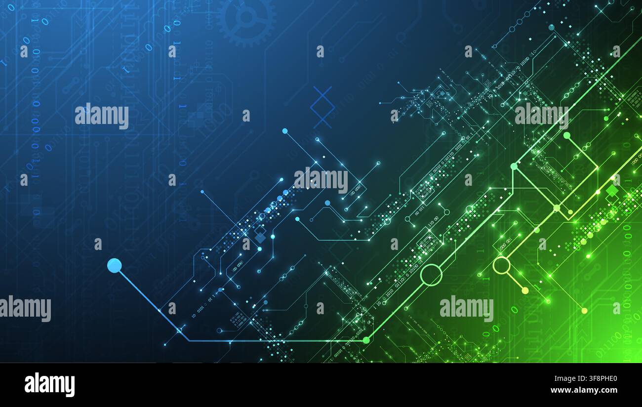 Abstract vector background of digital circuit board with glowing lines and binary code. Stock Vector