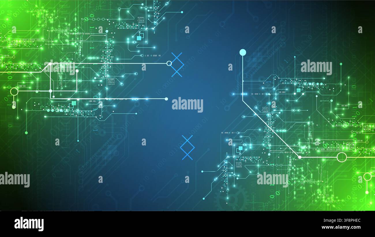 Abstract vector background of digital circuit board with glowing lines and binary code. Stock Vector