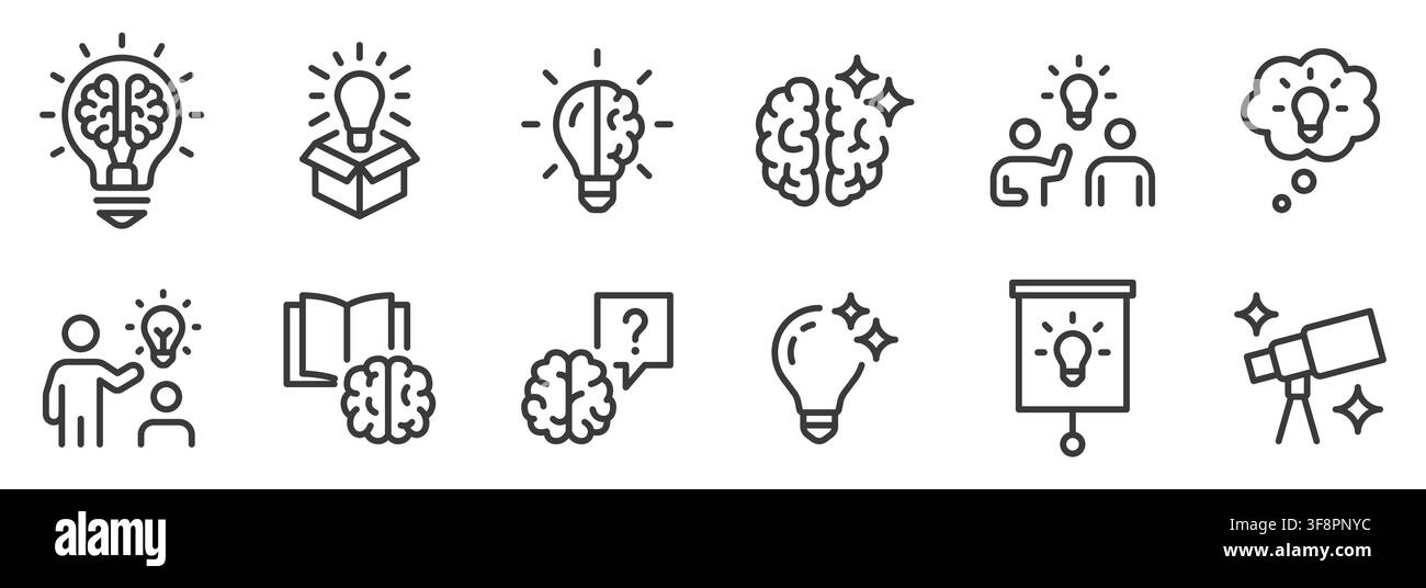 Creativity line icon set. Idea, brainstorming, innovation, problem solving, learning and knowledge sharing linear minimal vector illustration. Simple Stock Vector