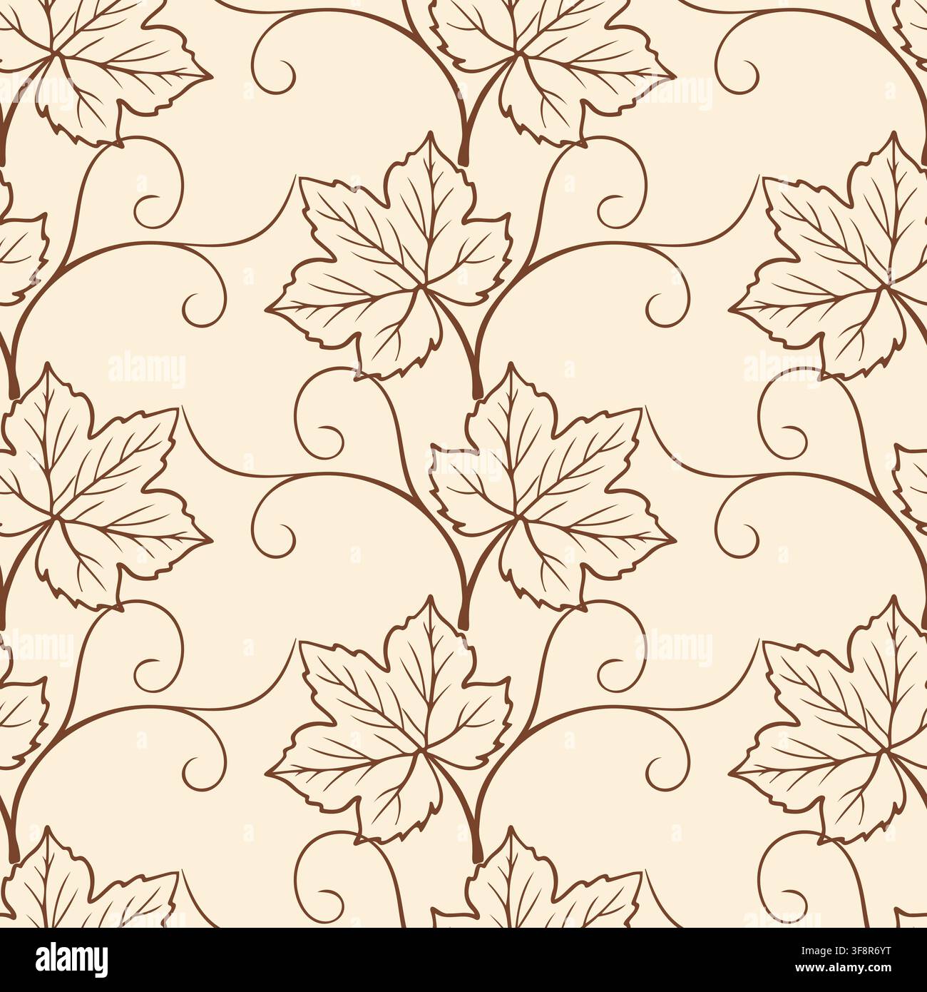 pattern with line art grape leaves and elegant curly vines in minimalist beige and brown color palette for wallpaper, textile print and wrapping paper Stock Vector