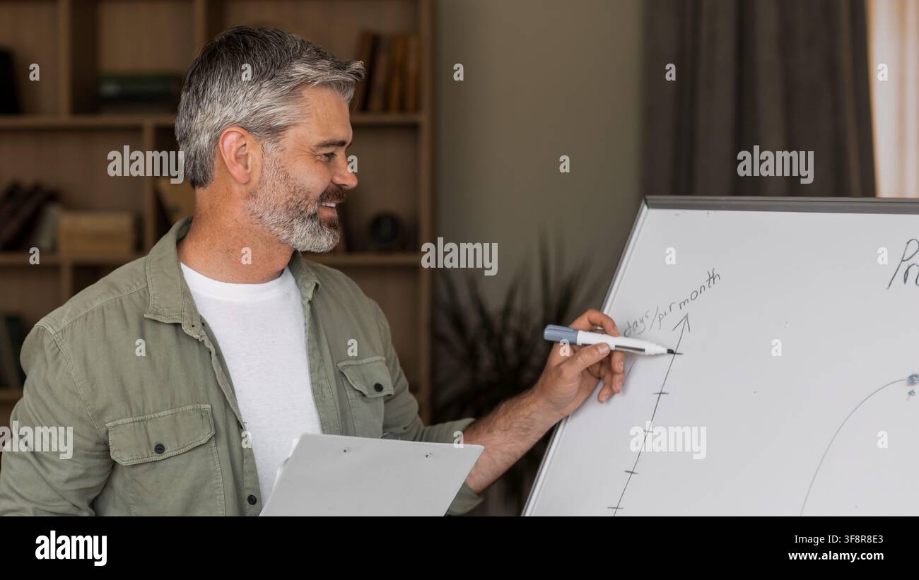 Man Presenting Business Data On Whiteboard In Office, Professional Setting Stock Photo