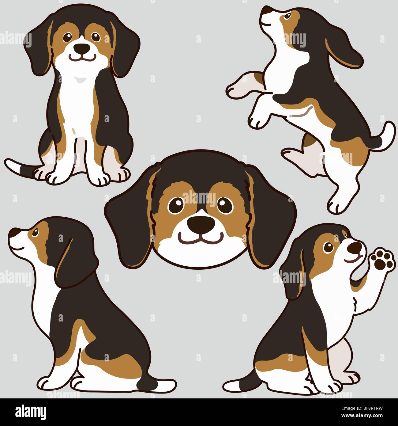 Outlined adorable dark tri colored Beagle illustrations Stock Vector