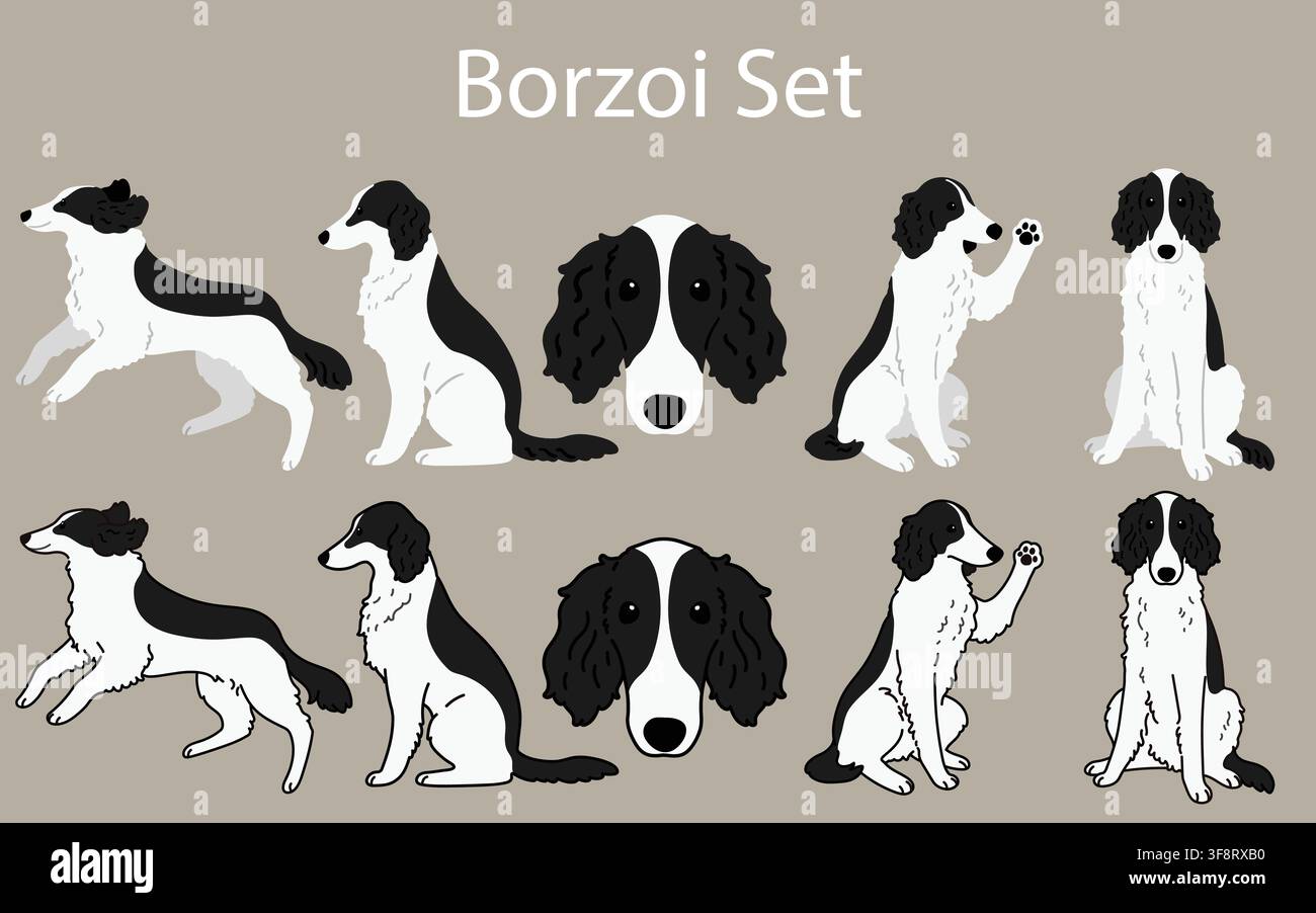 Cute and simple black and white Borzoi illustrations set Stock Vector