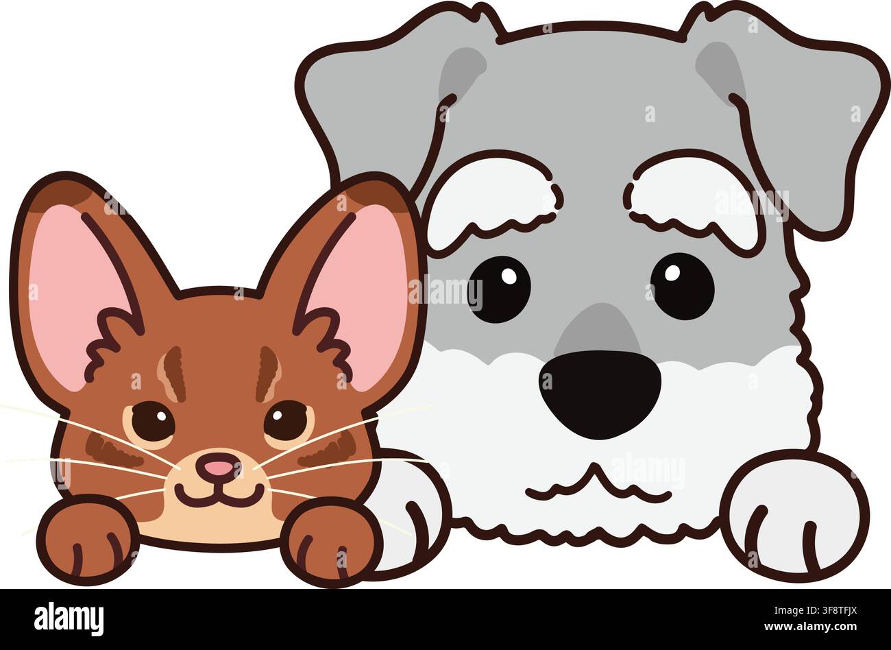 Simple and adorable illustration of Abyssinian cat and Miniature Schnauzer Stock Vector
