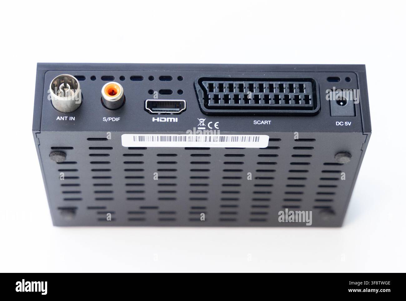 The black electronic devices back panel shows various input and output ports Stock Photo