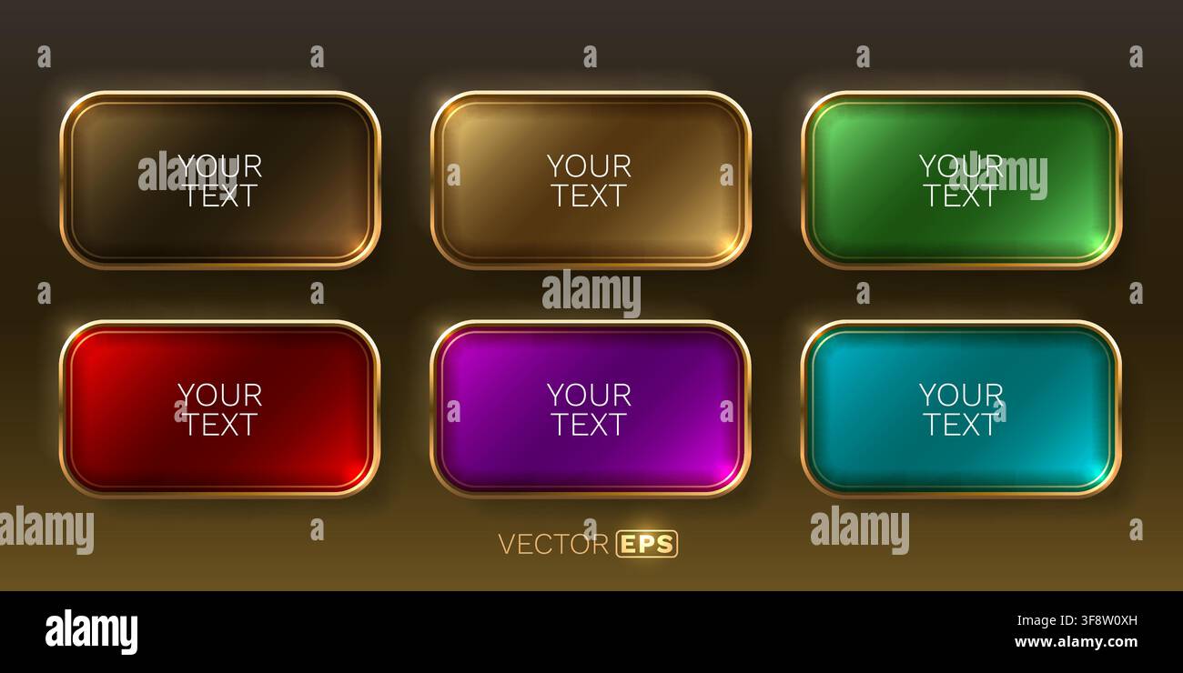 Vibrant glossy buttons with golden frames. Blank UI elements for modern web and app design. Vector illustration Stock Vector