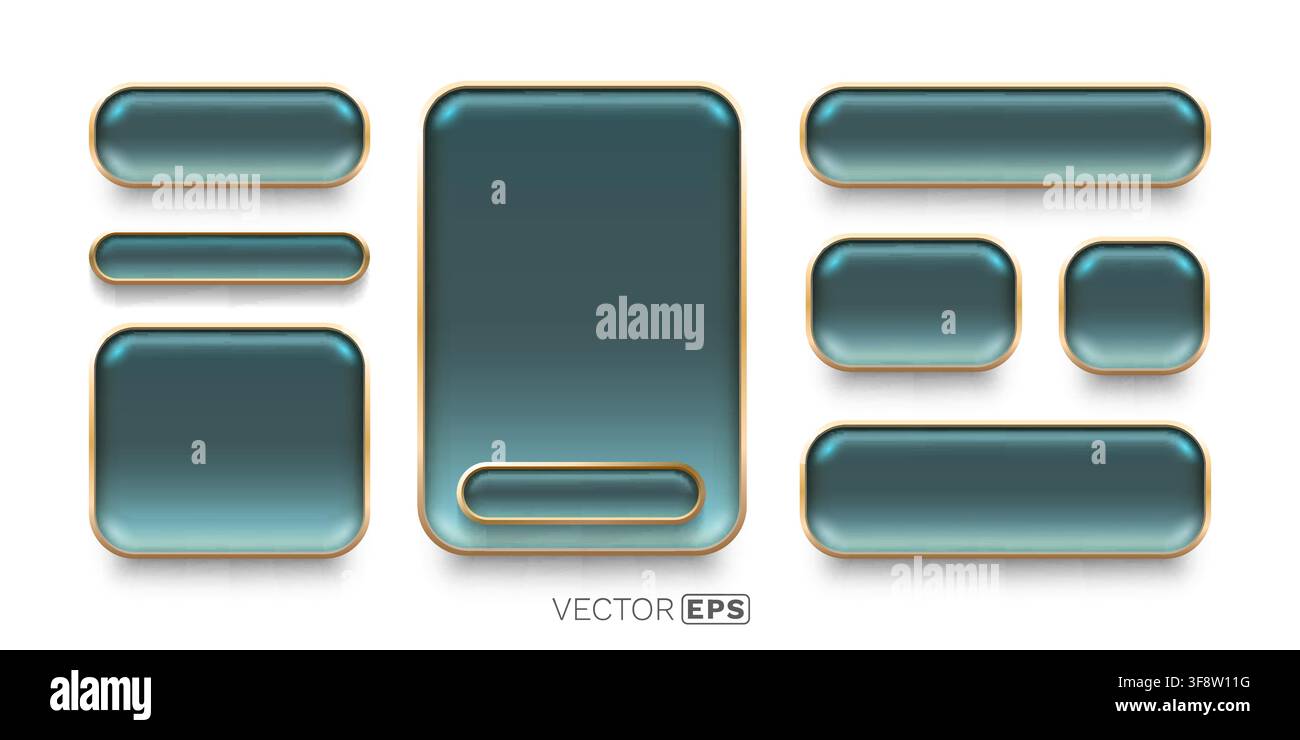 Modern glossy teal UI buttons and frames with golden borders. This sleek collection is ideal for various digital designs. Vector illustration. Stock Vector