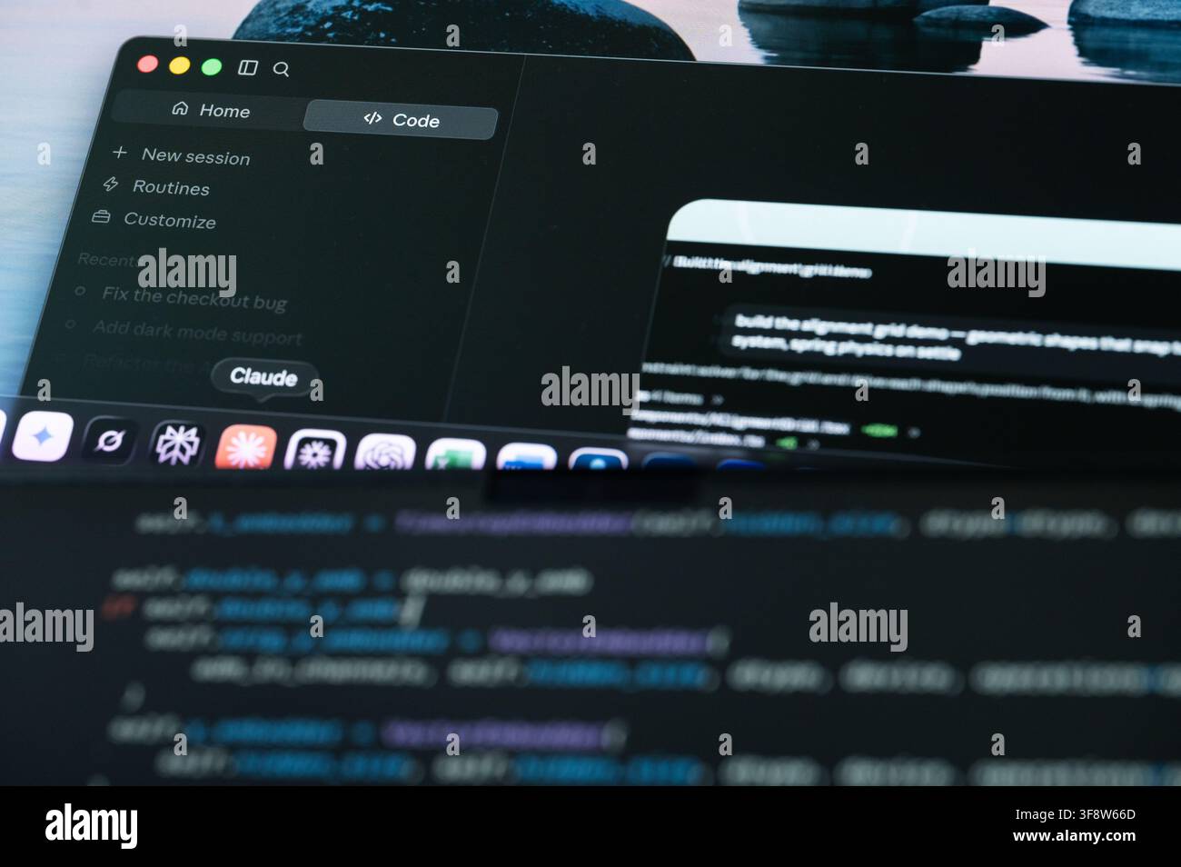 New York, USA - august 12, 2026: Vibe coding with Claude code Ai assistant on computer screen close up view Stock Photo