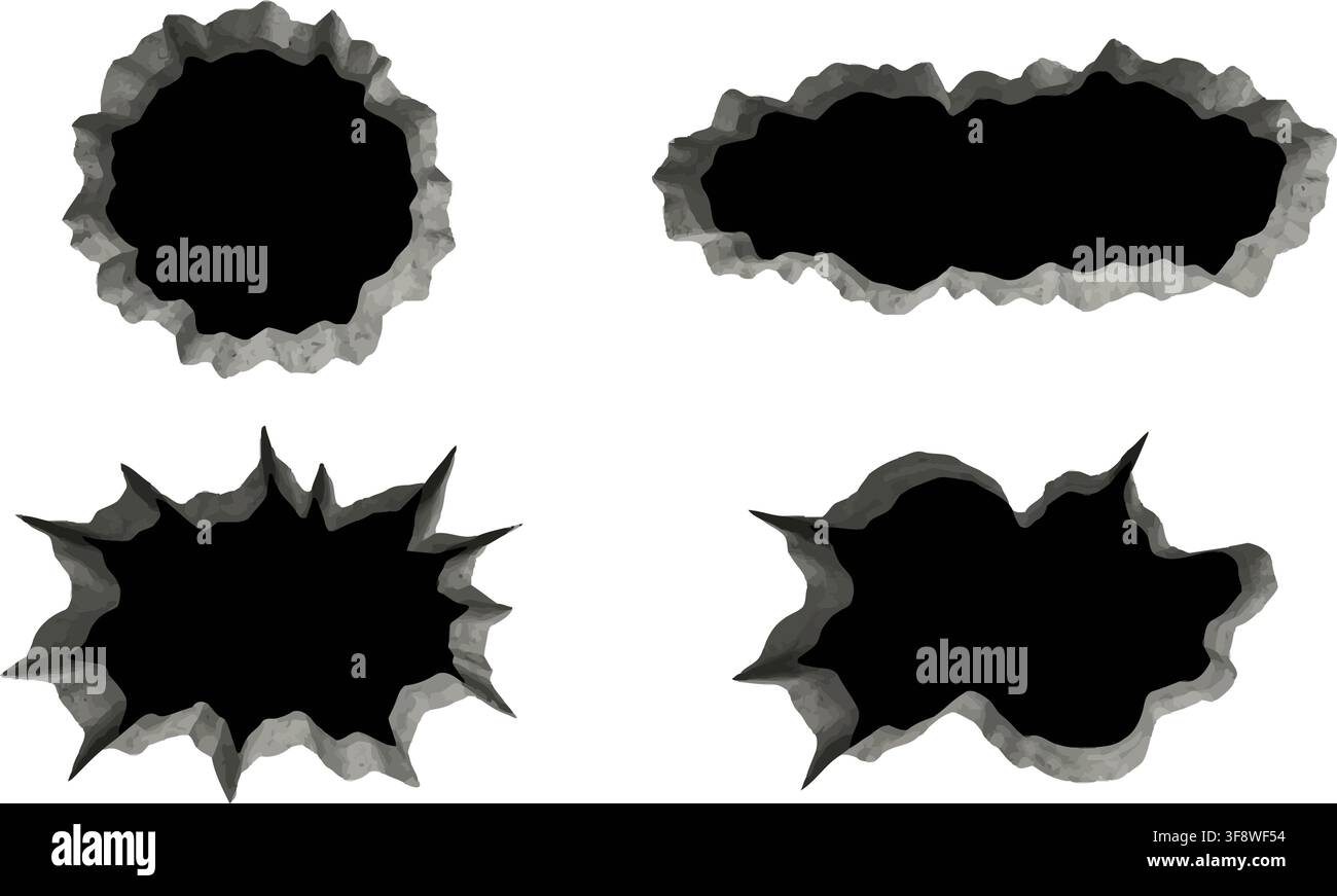 Cracked Wall Hole Broken Concrete Damage Destruction Vector Set Graphic Element Stock Vector