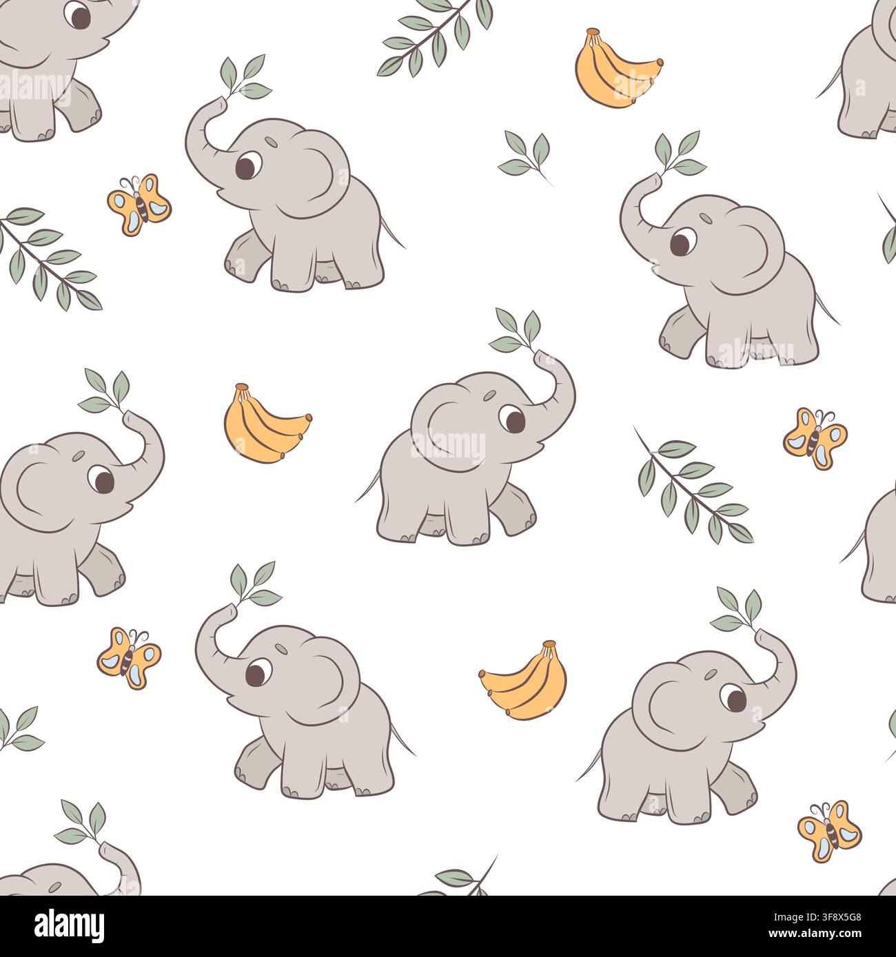 Vector seamless pattern elephants, bananas and butterflies Stock Vector