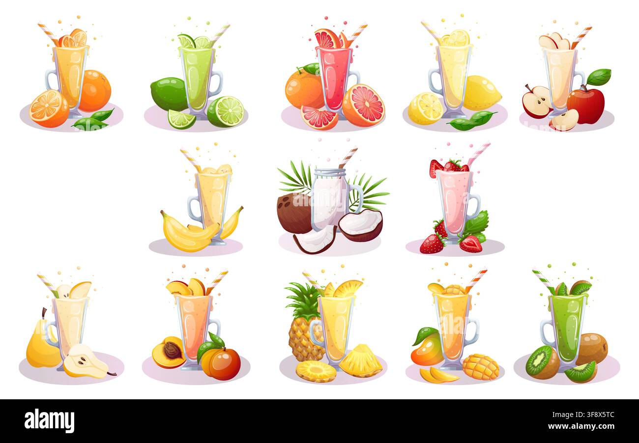 A vector illustration set of fresh fruit smoothies Stock Vector