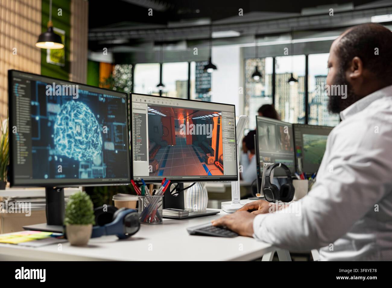 Black worker creating fantasy video game with AI neural networks systems, using advanced development software. Engineer working with programming tools and gaming assets, building virtual world. Stock Photo