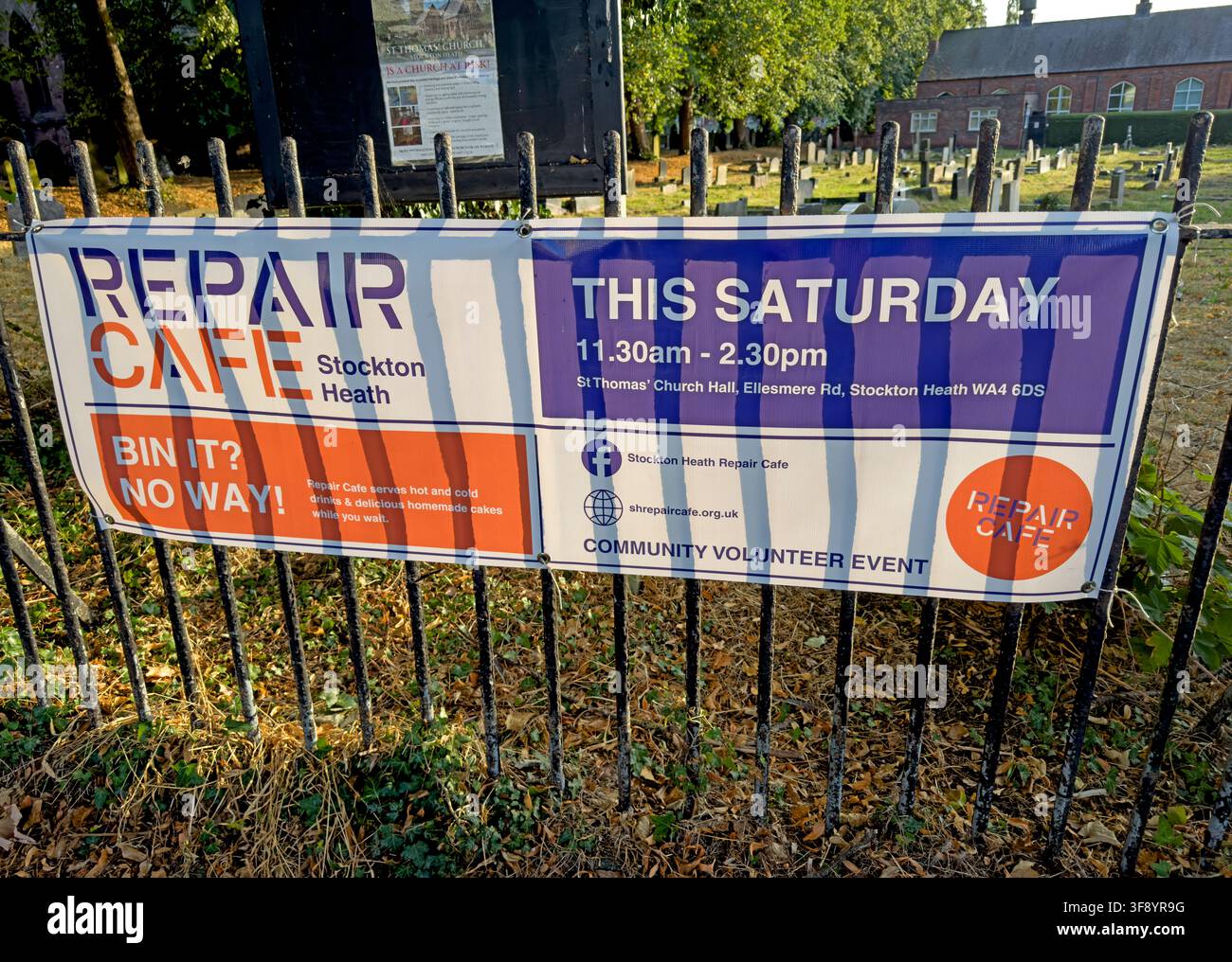 Repair Cafe Stockton Heath event banner promoting community repair and reuse in Warrington, Cheshire, England, UK. Stock Photo