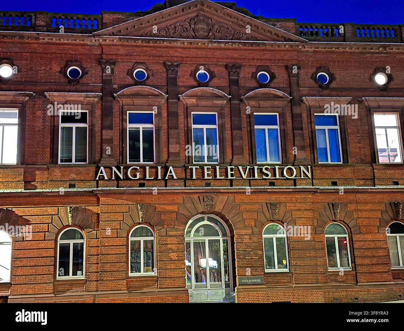 Historic ITV Anglia Television building facade and signage, Norwich, Norfolk, England, UK. Stock Photo