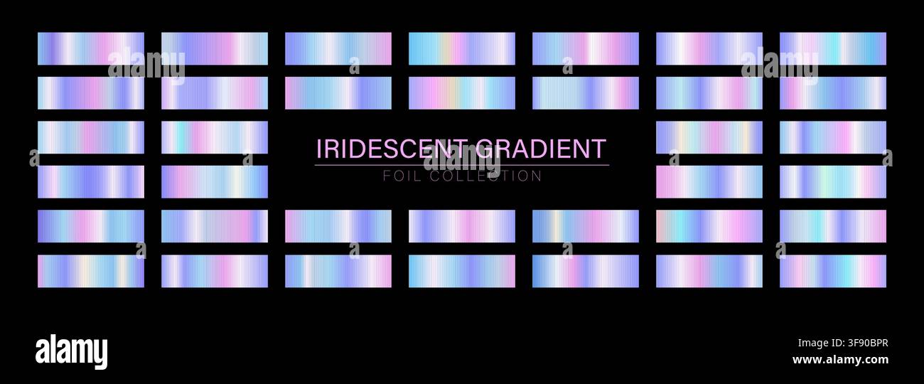 Iridescent gradient swatches. Rainbow metallic palette with holographic colors. Vector illustration Stock Vector