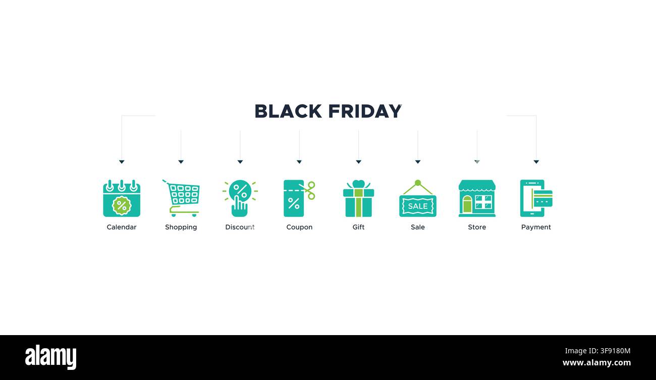 Black friday banner web icon vector illustration concept with icon of calendar, shopping, discount, coupon, gift, sale, store, payment Stock Vector