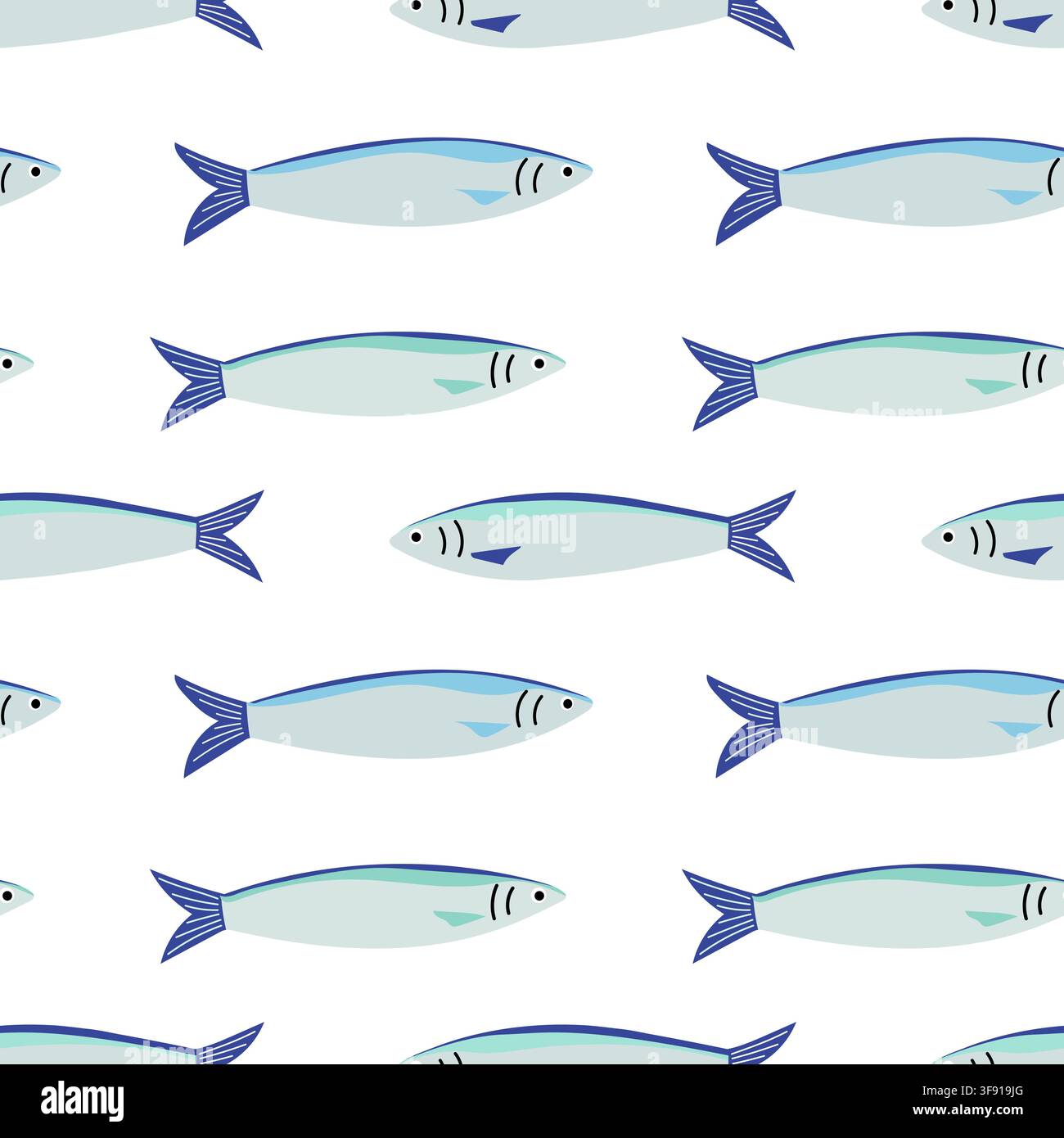 Cute Blue Sardines and Anchovies Seamless Fish Pattern Stock Vector