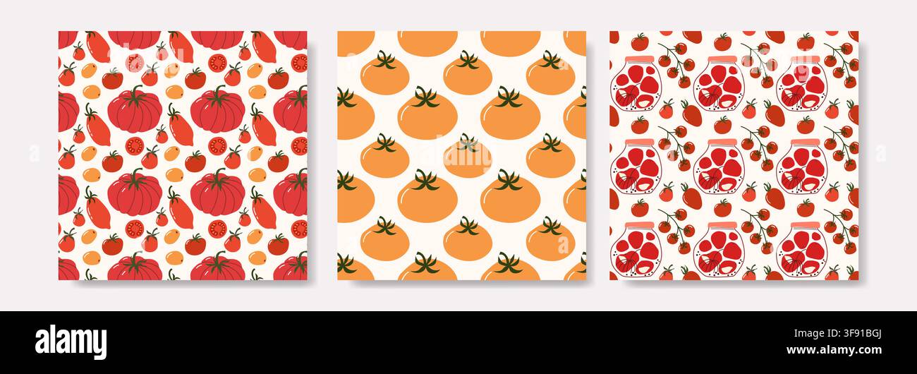 Fresh Tomato and Canning Jar Seamless Pattern Collection Stock Vector