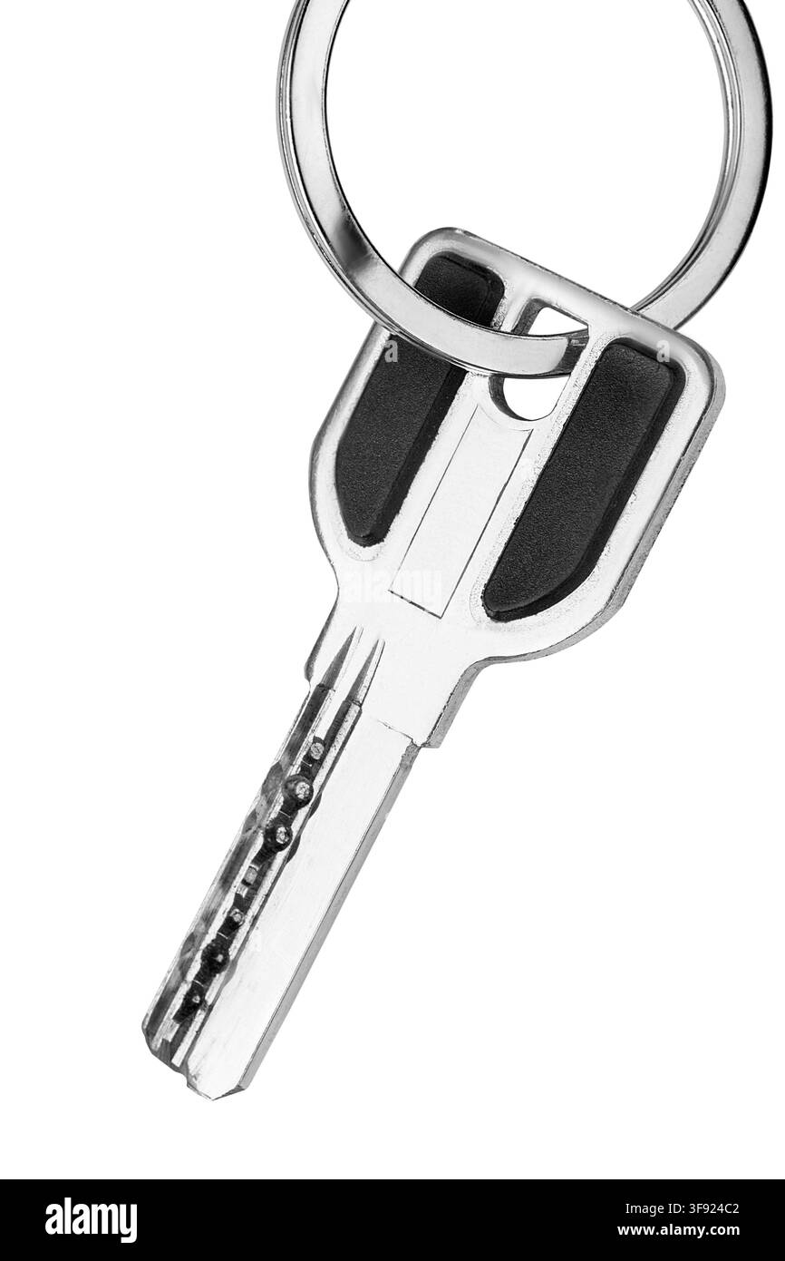 One steel door key hanging on a key ring isolated over white Stock Photo