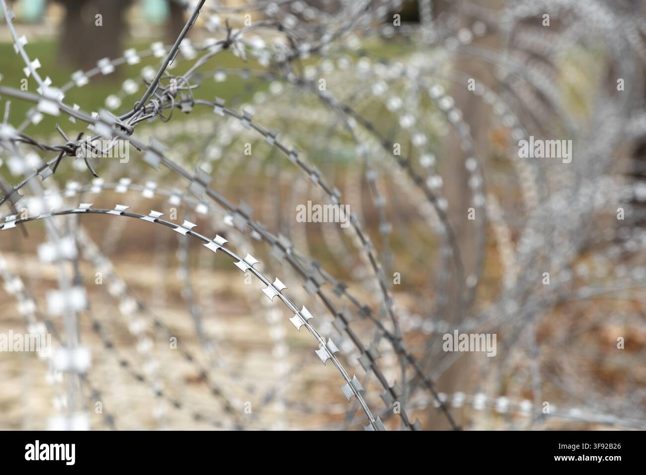 Metal razor wire forms a protective coil in a perimeter fence, providing a harsh visual metaphor for safety, territorial control, immigration challeng Stock Photo