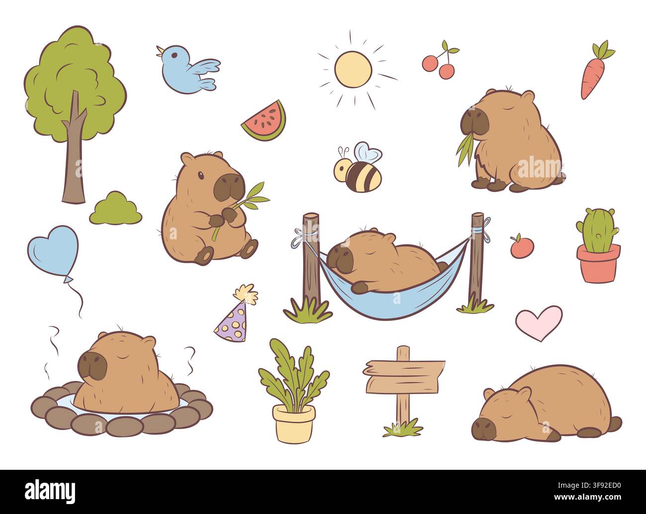 Vector set of cute capybaras and nature elements Stock Vector