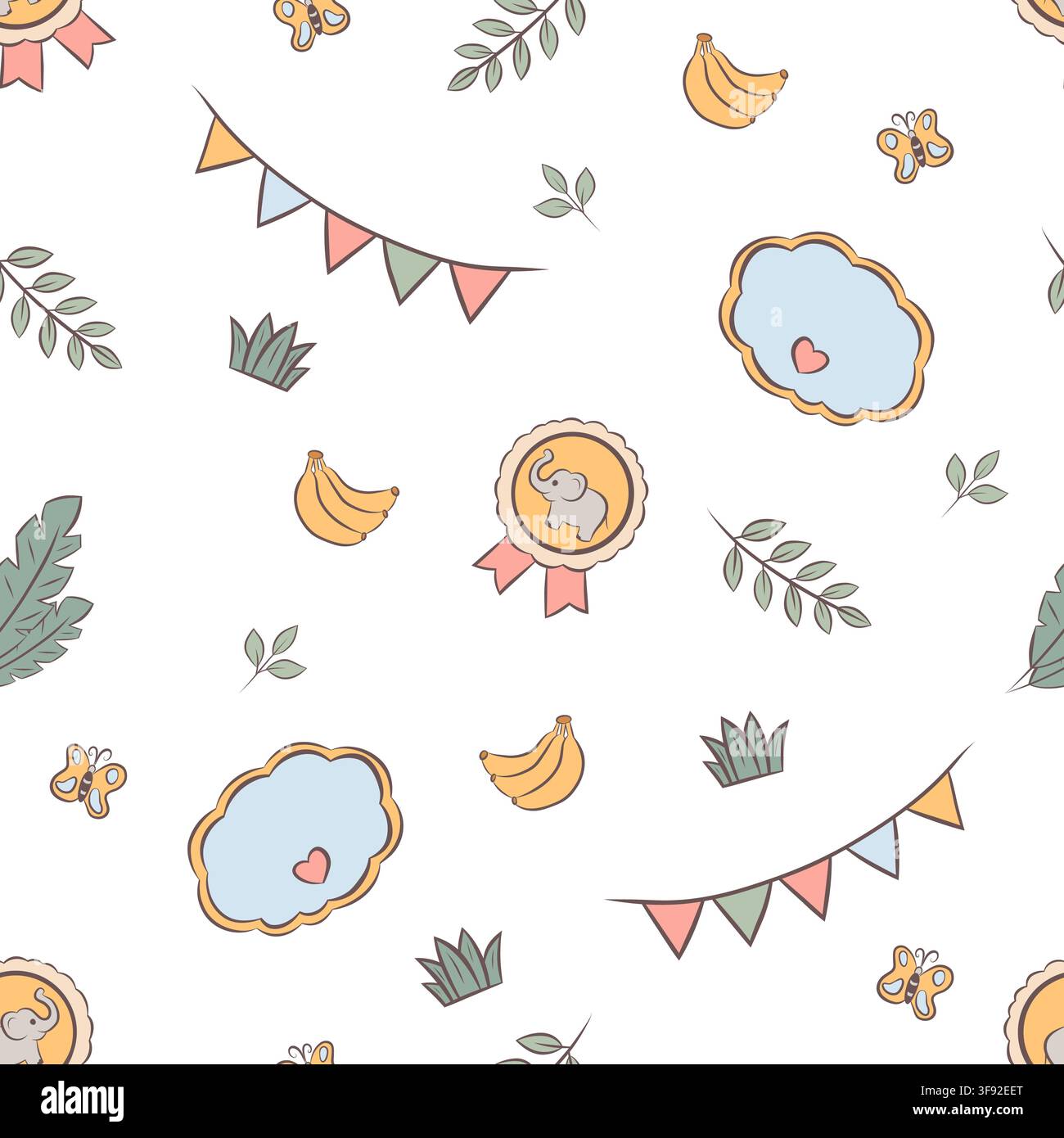 Vector seamless pattern baby elephant badges and decorative elements Stock Vector