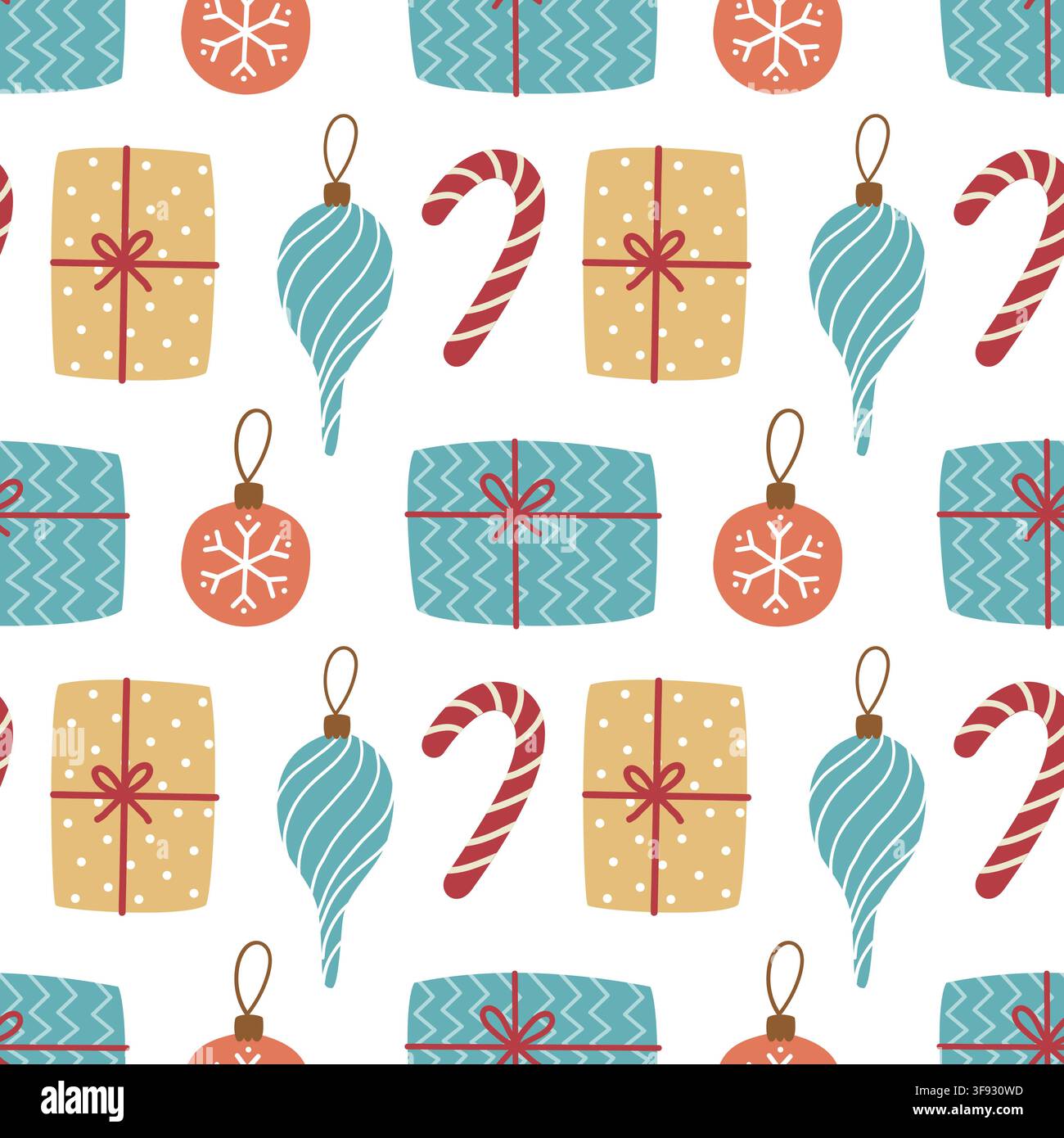 Christmas seamless pattern gift box candy cane bauble background vector template wrapping paper design Stock Vector