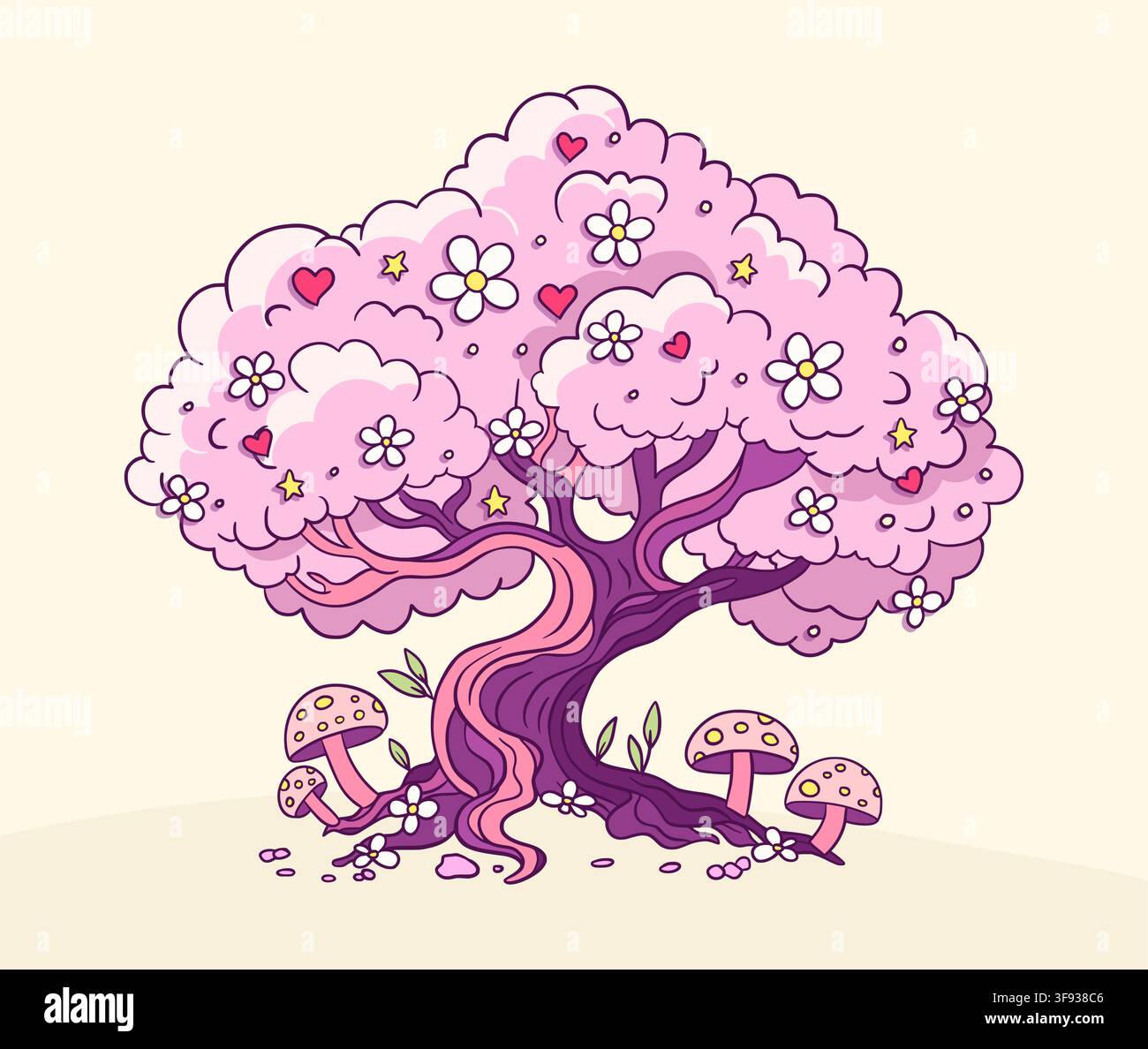Whimsical Sakura Cherry Blossom Tree With Pink Flowers, Cute Mushrooms, Hearts, Stars, Magical Fantasy Vector Decoration Stock Vector