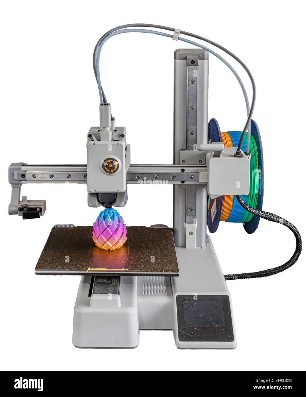 3D printer creating gradient object, vibrant colors, professional setup, smooth finish, modern technology, precision engineering, clean workspace, bri Stock Photo