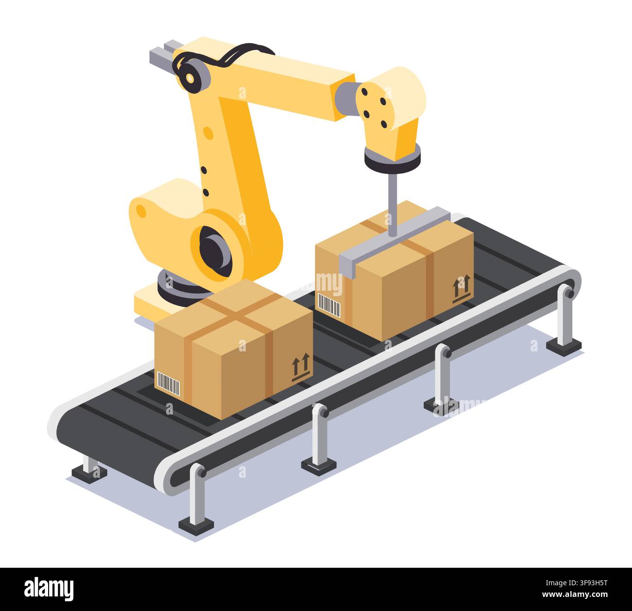 Industrial robot arm working with conveyor belt and cardboard boxes. Warehouse automation and smart manufacturing. Isometric vector illustration. Stock Vector