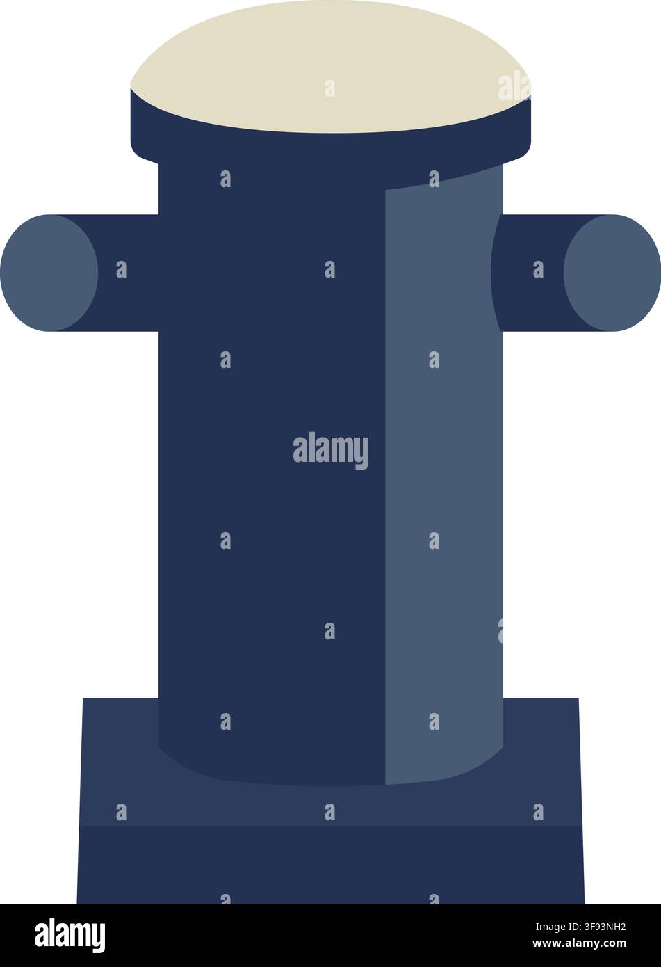 Flat marine bollard illustration featuring a cylindrical dark blue post two rounded side arms and a light colored top surface Stock Vector