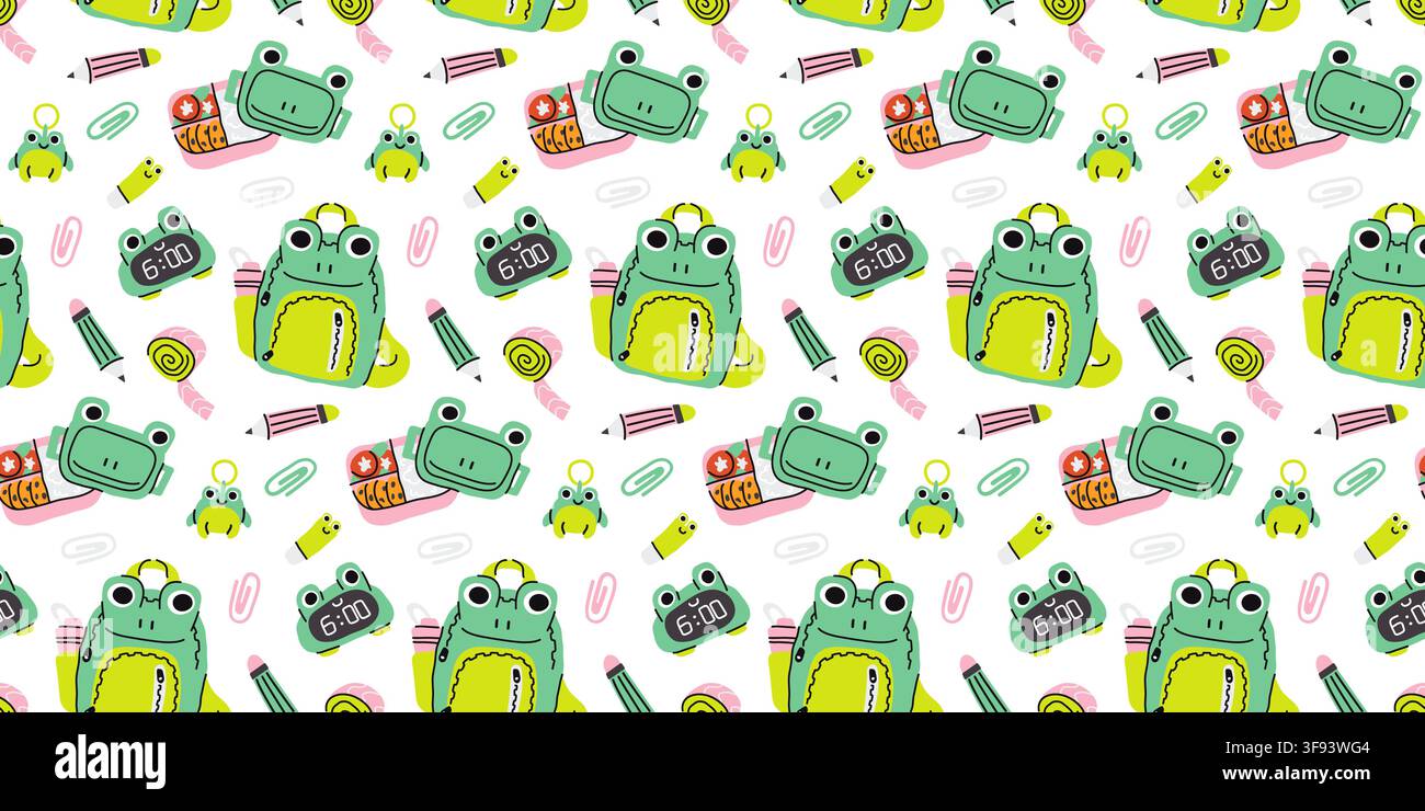 Cute frog backpack and school supplies seamless vector pattern design Stock Vector