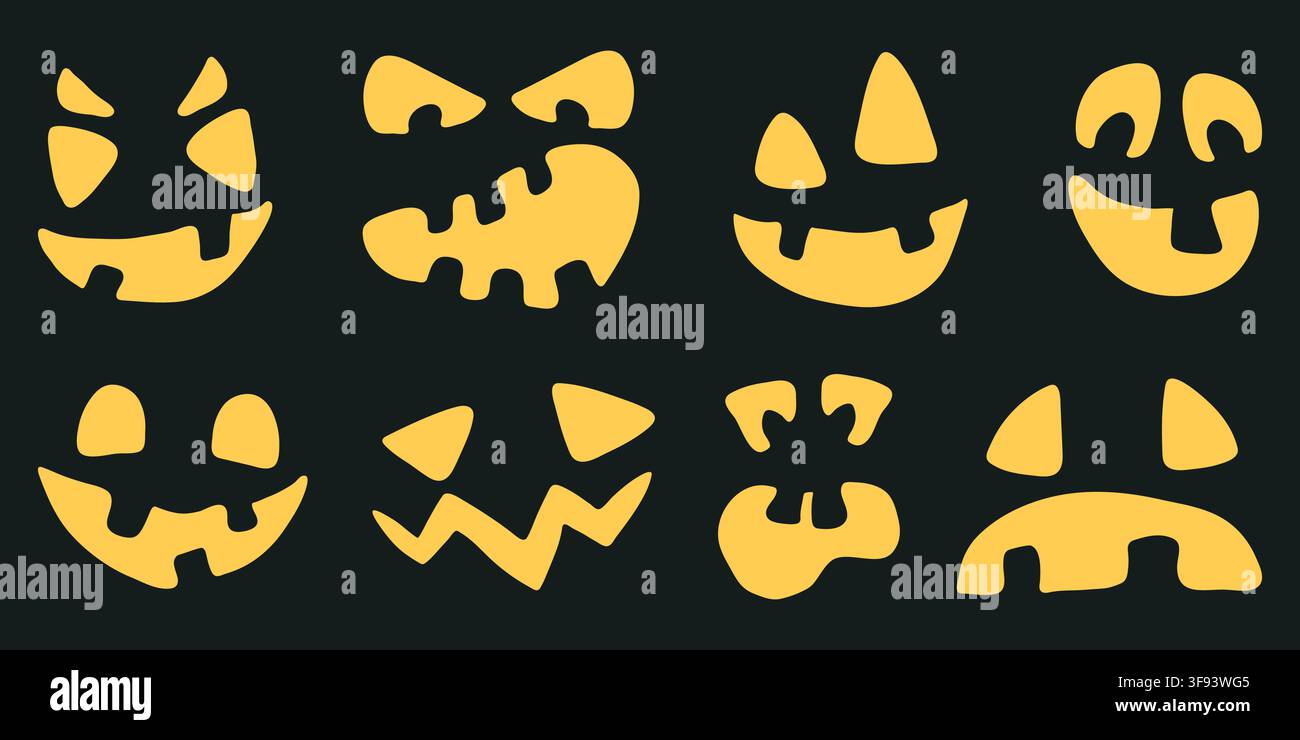 Spooky glowing Jack o Lantern faces vector set for dark halloween posters Stock Vector