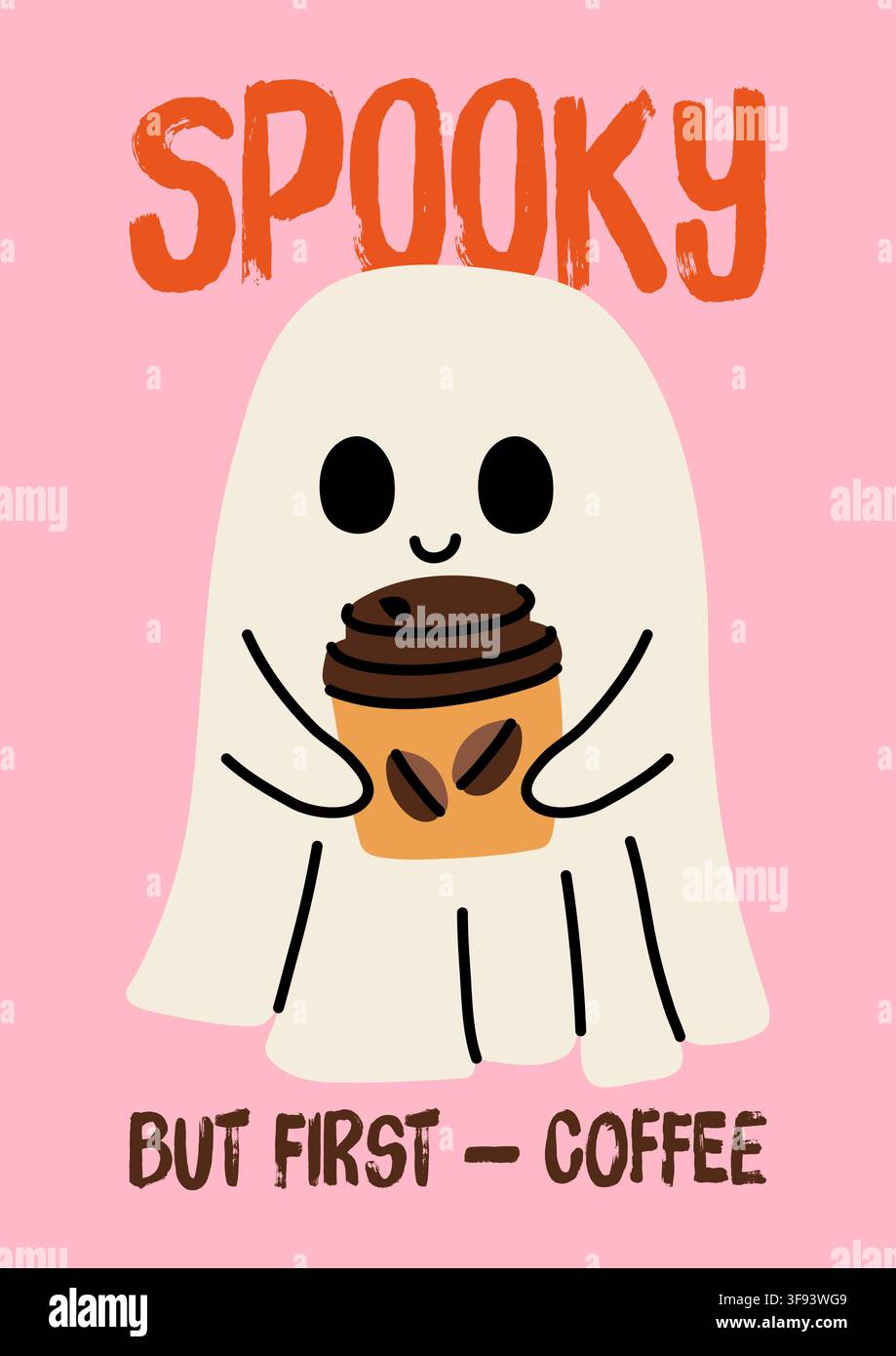 Cute spooky ghost holding coffee cup vector poster for cafe Stock Vector