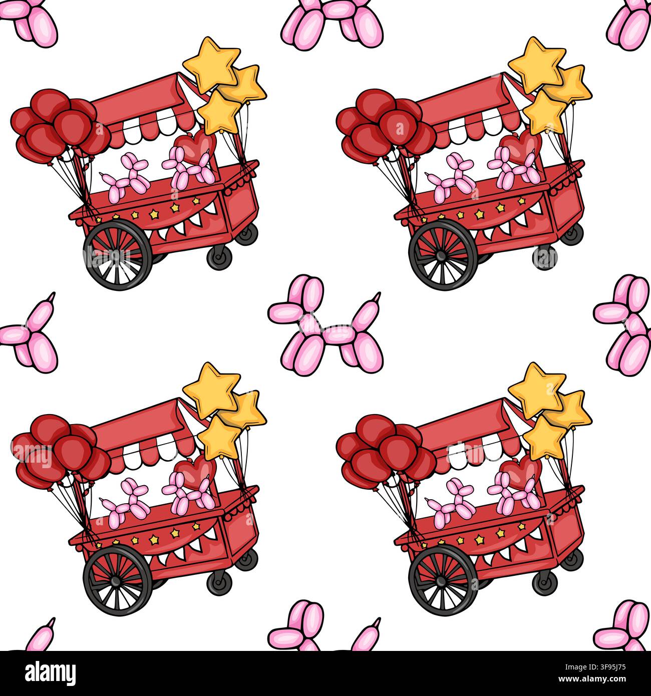 Seamless vector pattern with circus balloon carts and pink balloon animals Stock Vector